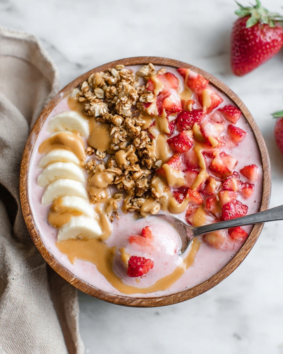 Strawberry Banana Smoothie Bowl Recipe 5 A white wooden bowl filled with a creamy light pink smoothie base. On top, there are four visible layers: thinly sliced white banana pieces on one side, bright red chopped strawberries scattered over the smoothie, clusters of crunchy golden brown granola with seeds, and smooth tan peanut butter drizzled across the banana and granola. A silver spoon is placed partly inside the bowl, with a scoop of the pink smoothie mixture and strawberry pieces on it. The bowl sits on a white marbled surface with a few strawberries and a beige cloth nearby. photo taken with an iphone --ar 4:5 --v 7