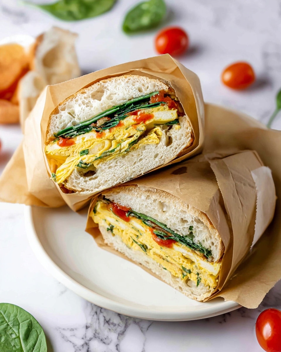 The image shows a sandwich cut in half and wrapped in brown paper, placed on a white plate. The sandwich has three main layers: the top and bottom layers are light, airy bread with a pale beige color and soft texture, while the middle layer is made of a yellow egg mixture with green spinach leaves embedded inside. There is a thin layer of red sauce spread on the egg. The sandwich halves are standing side by side on a white marbled surface with a few small red cherry tomatoes and green spinach leaves scattered around. Photo taken with an iphone --ar 4:5 --v 7
