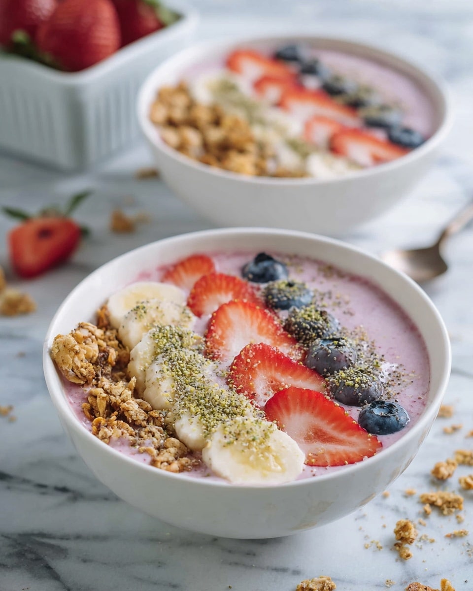 The image shows two white bowls with strawberry smoothie, each decorated with five neat rows of toppings from left to right: granola with a crunchy texture and light brown color, bright red sliced strawberries, tiny black chia seeds, light yellow banana slices, and dark blue blueberries, sprinkled lightly with hemp seeds and a green dust. The bowls sit on a white marbled surface with some granola scattered around, and in the background, there is a blurred white container with red strawberries. Photo taken with an iphone --ar 4:5 --v 7