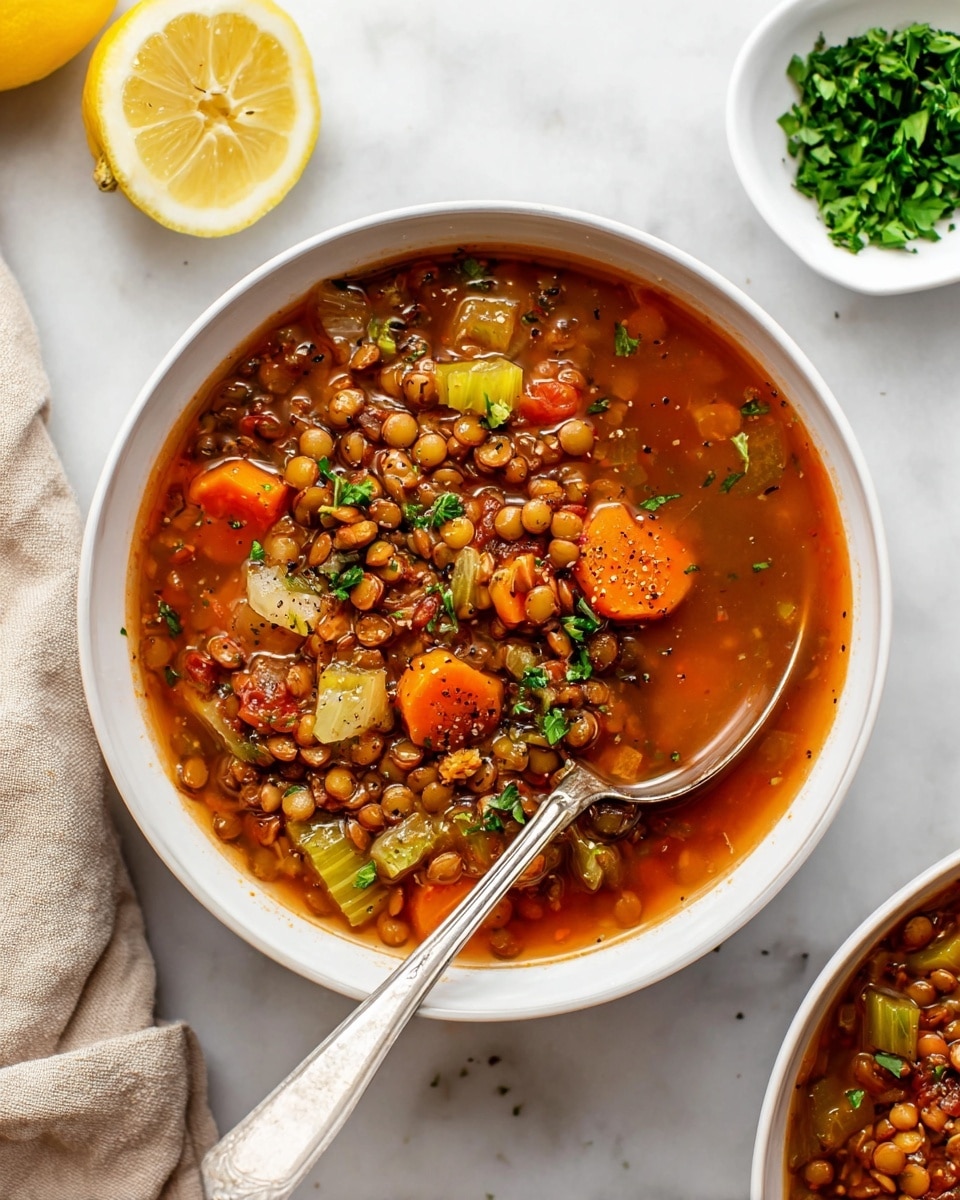 A white bowl filled with lentil soup is shown, with a silver spoon resting inside. The soup contains multiple layers of small, round lentils, orange carrot slices, green celery pieces, and chopped onions, all in a rich, reddish-brown broth with visible herbs and black pepper. The bowl sits on a white marbled surface with some parsley leaves scattered nearby, and a halved lemon and beige cloth are seen on the left side. A small white bowl of chopped parsley also appears in the background on the right. photo taken with an iphone --ar 4:5 --v 7