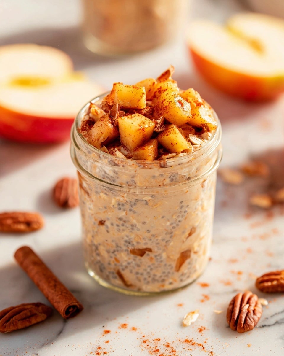 A small clear glass jar filled with a creamy oatmeal base mixed with small chia seeds and tiny apple pieces, showing a light beige color with specks of brown, topped thickly with warm cinnamon-coated apple cubes that are golden orange with slight red seasoning. Around the jar on a white marbled surface, there are scattered pecan pieces, sticks of cinnamon, and sliced red and yellow apples. The scene is bright with soft natural light highlighting the textures of the oats, apples, and spices, photo taken with an iphone --ar 4:5 --v 7