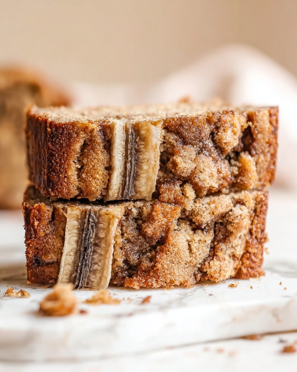 The image shows a close-up of two thick slices of banana bread stacked on top of each other on a white marbled surface. The bread has a brown, crumbly texture with visible cracks and chunks. Each slice contains pieces of banana embedded inside, showing a mix of light brown, dark brown, and cream colors with a soft, moist look. There are some crumbs scattered around the slices. The background is softly blurred with a light, warm tone. photo taken with an iphone --ar 4:5 --v 7