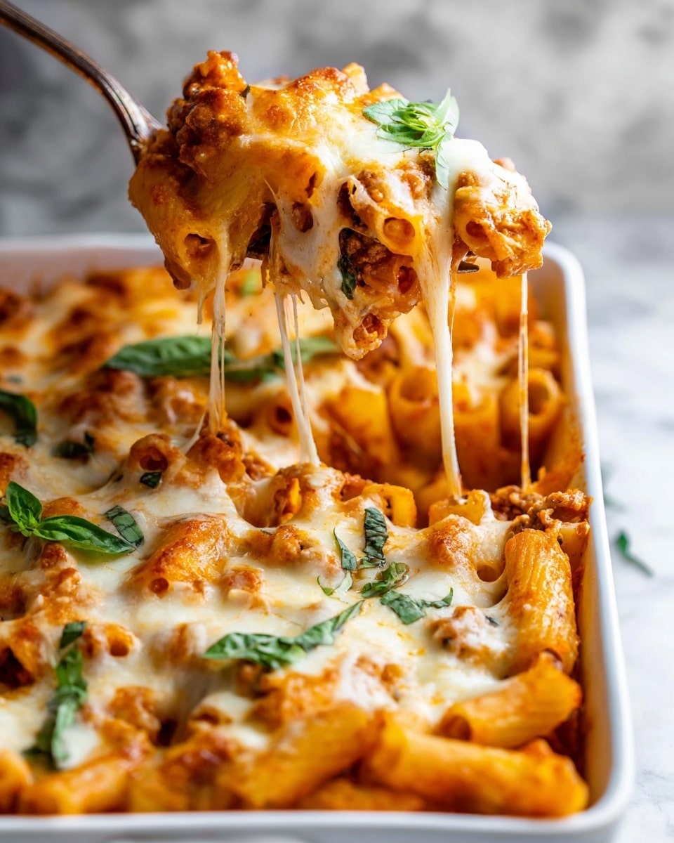 A white rectangular dish filled with baked pasta is shown, with one portion being lifted by a fork. The dish has layers of tube-shaped pasta in an orange tomato sauce base, topped with a thick layer of melted cheese that is golden brown in parts and stretches in strings from the fork to the dish. Fresh green basil leaves are scattered on top for contrast. The background is a white marbled surface. photo taken with an iphone --ar 4:5 --v 7