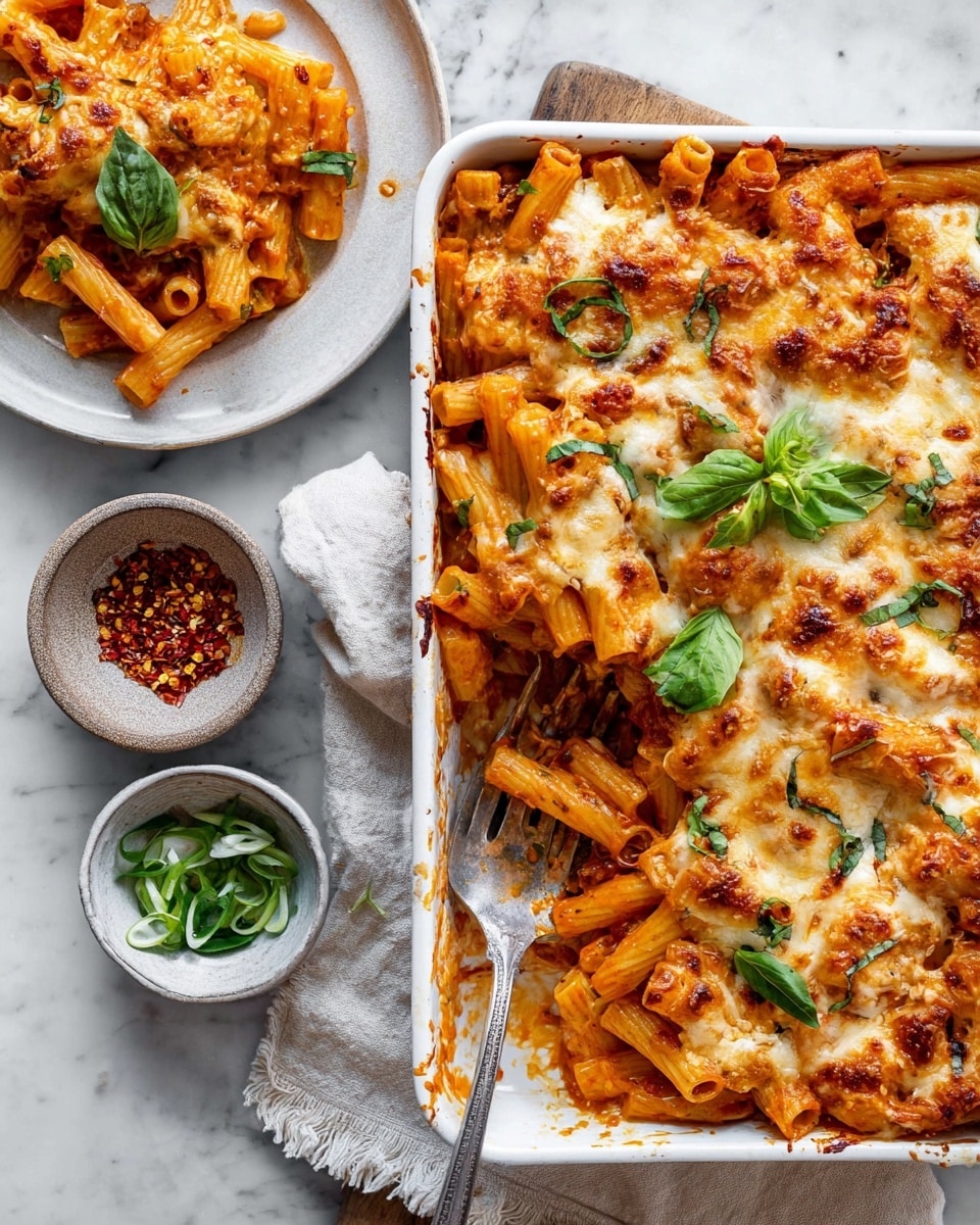 The image shows a white rectangular baking dish filled with baked pasta. The pasta is tubular and covered with melted, lightly browned cheese mixed with a red-orange tomato sauce. There are fresh green basil leaves scattered on top. A silver fork is stuck into the pasta, and a portion has been served onto a white plate on the left. Next to the baking dish, two small bowls hold red chili flakes and sliced green herbs. The whole scene is placed on a white marbled surface with a light cloth napkin under the baking dish, photo taken with an iphone --ar 4:5 --v 7