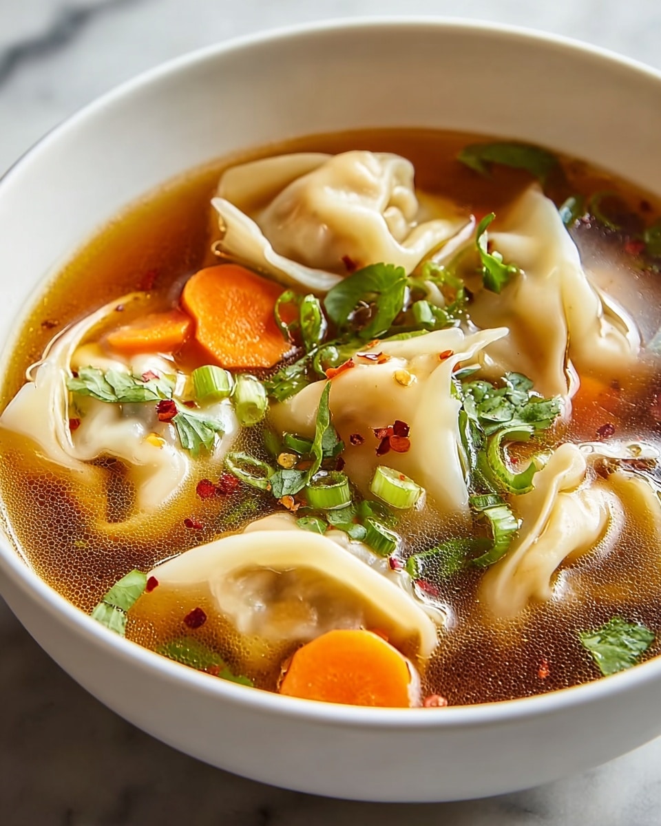 Potsticker Soup Recipe for Cozy Comfort Recipe 6 A white bowl filled with clear brown broth, floating several soft, folded dumplings with light beige skins. There are slices of bright orange carrot submerged and partly above the broth, along with green chopped scallions and small fresh green herb leaves scattered on top. Tiny red chili flakes dot the surface of the broth, adding a speckled contrast. The bowl rests on a white marbled surface. photo taken with an iphone --ar 4:5 --v 7