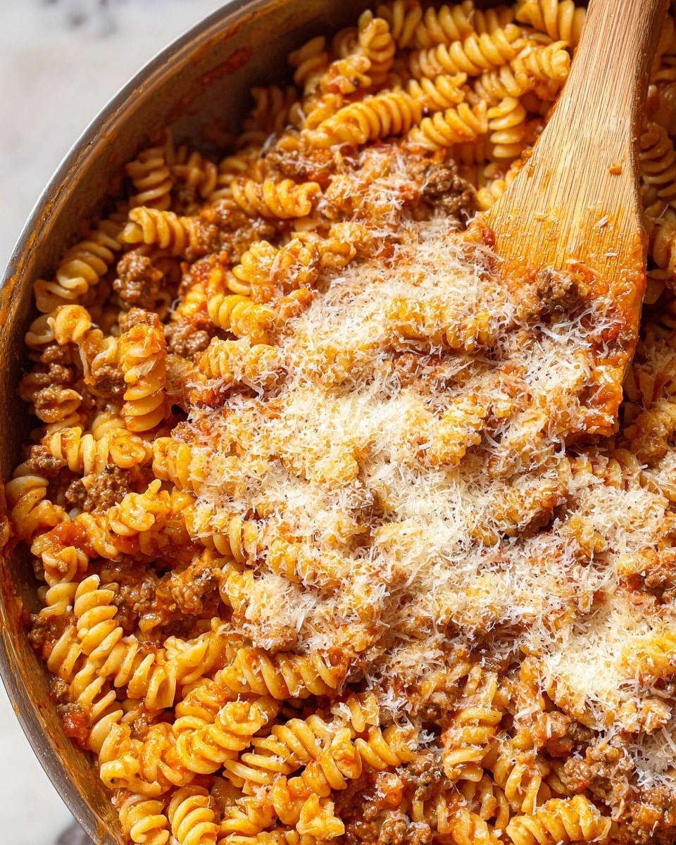 Creamy Beef Pasta in 35 Minutes Recipe 5 A close-up of a pan of cooked spiral pasta mixed with small pieces of brown ground meat and tomato sauce, topped with a generous layer of grated pale yellow cheese that looks soft and crumbly, and a wooden spoon stirring the mixture from the top right corner; the twisty pasta is coated in orange-red sauce, creating a textured, hearty look on a white marbled surface. Photo taken with an iphone --ar 4:5 --v 7