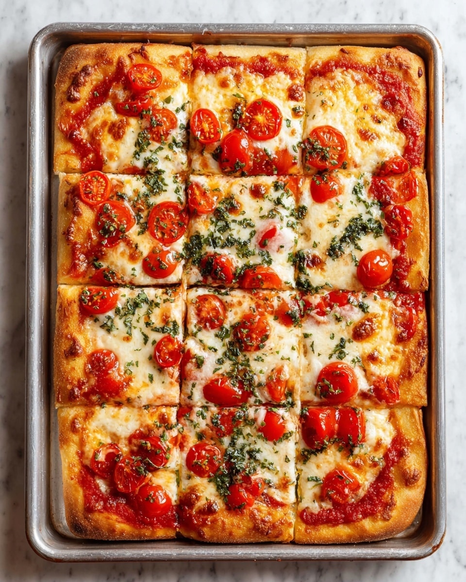 Sheet Pan Pizza with Fresh Basil Recipe 5 A rectangular pizza in a metal baking tray is shown, cut into twelve square pieces. The pizza has four main layers: a light golden crust on the bottom that is thick and soft, a bright red tomato sauce spread evenly over the crust, a melted layer of creamy mozzarella cheese with small golden spots, and a topping of small sliced red cherry tomatoes and finely chopped green herbs sprinkled across the cheese. The edges of the crust are slightly puffed and browned, and the pizza looks freshly baked on a white marbled surface. photo taken with an iphone --ar 4:5 --v 7