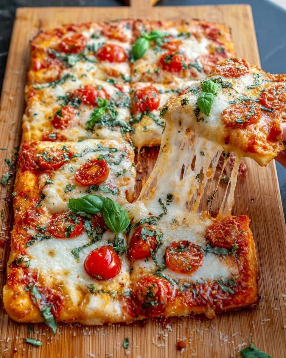 Sheet Pan Pizza with Fresh Basil Recipe 6 A rectangular pizza is placed on a light wooden board, with one slice being pulled away, showing melted cheese stretching between the slice and the main pizza. The pizza has one thick light brown crust around the edges. The bottom layer is a bright red tomato sauce. On top of the sauce, there is melted white and golden cheese, spread unevenly with melted spots. Cherry tomato slices are scattered across the pizza with fresh green basil leaves placed on top. Small pieces of chopped herbs and a few sprinkled red chili flakes are also visible. The cheese pulls stretch from the slice in the woman's hand to the pizza creating a stretchy texture contrast. Photo taken with an iphone --ar 4:5 --v 7