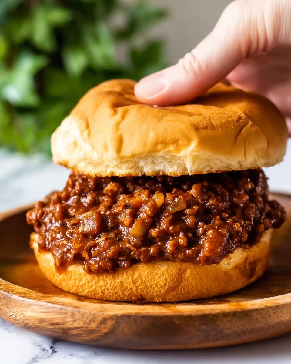 A close-up view of a sandwich with three main layers: at the bottom, a soft golden brown bun; in the middle, a thick layer of chunky brown sloppy joe meat sauce with visible small pieces of vegetables soaked in rich sauce spilling slightly over the bun edges; on top, another soft golden brown bun gently pressed by a woman's hand from above. The sandwich sits on a wooden plate, set against a white marbled surface with an out-of-focus green plant in the background. Photo taken with an iphone --ar 4:5 --v 7