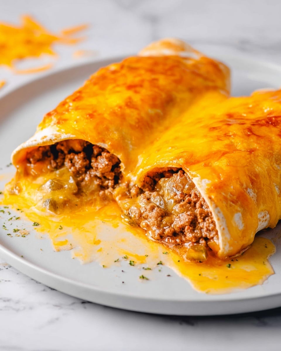 The image shows two rolled tortillas covered with a thick layer of melted yellow-orange cheese that is golden and slightly crispy on the top. Inside the partially visible open end of one tortilla, there is a filling of cooked ground meat mixed with small pieces of vegetables. The tortillas sit on a white plate that rests on a white marbled surface, with some melted cheese sauce around the tortillas and small cheese shreds scattered nearby. Photo taken with an iphone --ar 4:5 --v 7