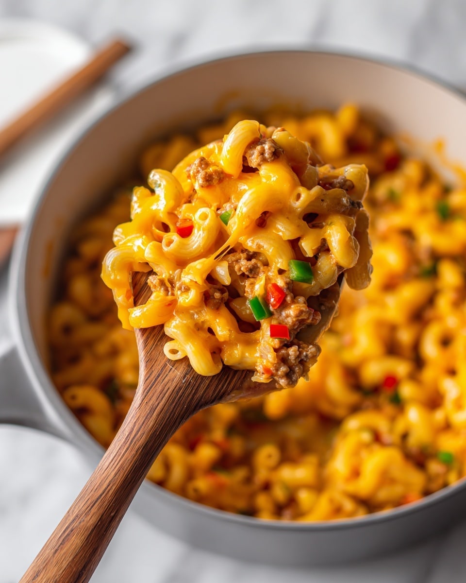 A white bowl filled with a macaroni dish showing three main layers: the bottom layer is light beige macaroni pasta with a soft texture; the middle layer has small pieces of cooked ground meat mixed with diced green bell peppers and bits of tomato sauce, adding a mix of brown, green, and red colors; the top layer is garnished with bright green chopped scallions scattered over the dish. The bowl sits on a white marbled surface with two dark spoons placed to the left and a white cloth with black stripes on the right. Photo taken with an iphone --ar 4:5 --v 7