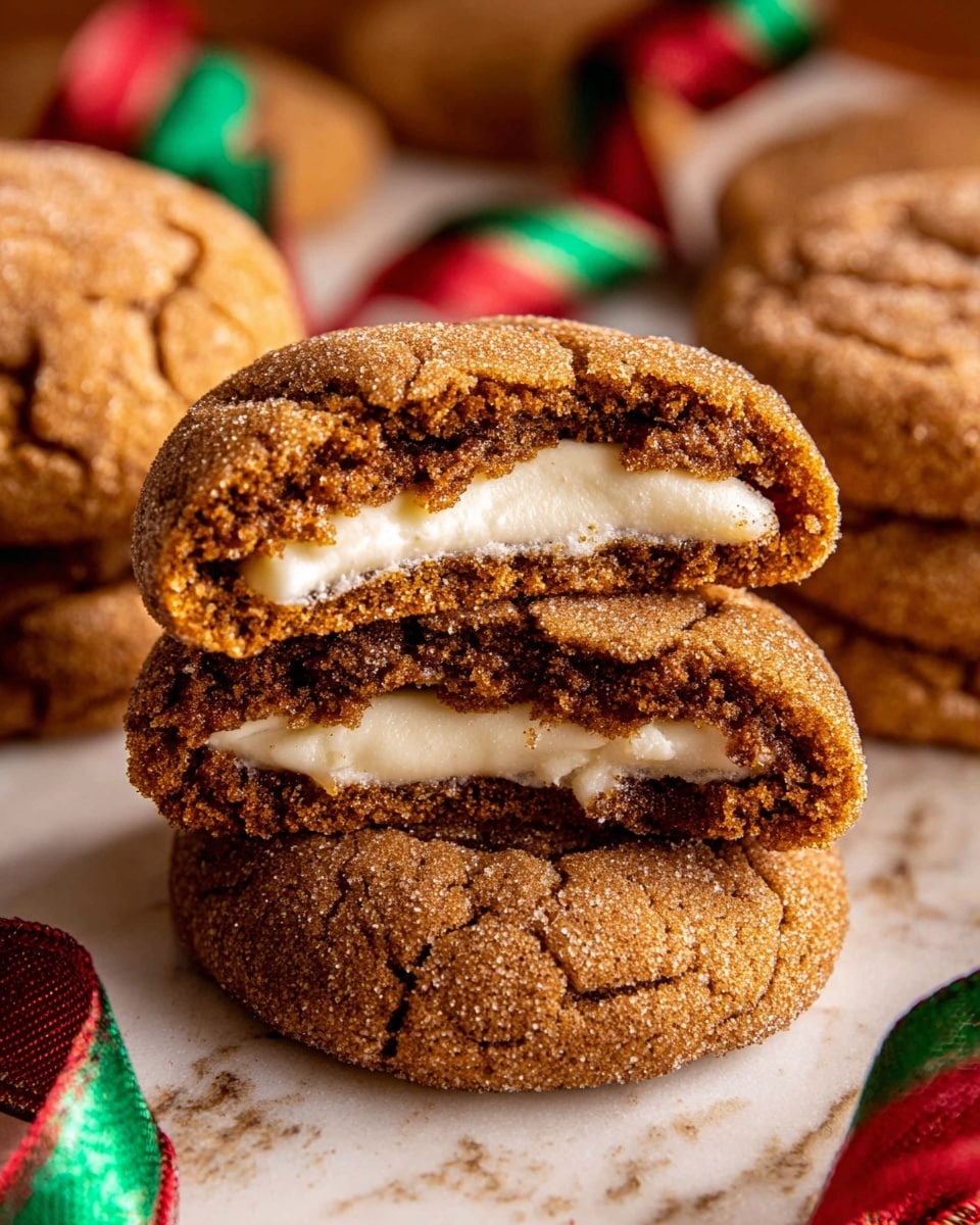 Gingerbread Cheesecake Cookies Recipe 6 The image shows a stack of four brown cookies with a rough and slightly cracked texture, each cookie broken in half to reveal a soft, white creamy filling inside. The cookies have a warm golden-brown color and a sugar-coated surface. Around the stacked cookies are whole cookies with the same texture and color. Some colorful red and green ribbon decorations are scattered nearby, placed on a white marbled surface. The lighting is warm, making the cookies look cozy and fresh. photo taken with an iphone --ar 4:5 --v 7