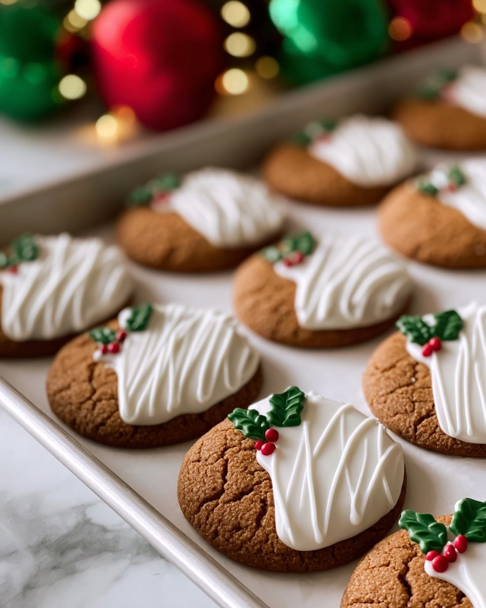 The image shows a baking tray with round brown cookies arranged neatly on it, each cookie half dipped in smooth white icing. The iced halves have thin, wavy white icing lines drizzled over them, creating a textured layer on top. Near the edge of the iced part on each cookie, there is a small green holly leaf decoration with two dark green leaves and three bright red berries. The tray is placed on a white marbled surface, with blurred green and red Christmas decorations in the background. Photo taken with an iphone --ar 4:5 --v 7