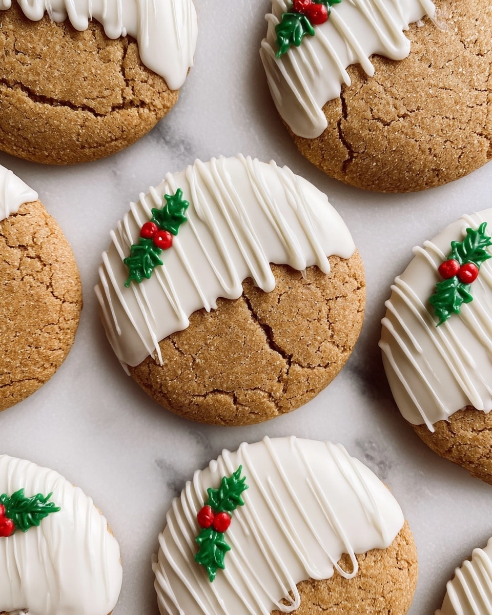 The image shows several round cookies placed on a white marbled surface in a close-up view. Each cookie is mostly light brown with a cracked texture. The bottom half of each cookie is dipped in smooth white icing. On top of the icing, thin white icing lines are drizzled in a zigzag pattern across the dipped area. Each cookie is decorated with two small green holly leaves and three tiny red berries near the edge where the icing and cookie meet. The cookies are neatly spaced in a grid-like layout. photo taken with an iphone --ar 4:5 --v 7