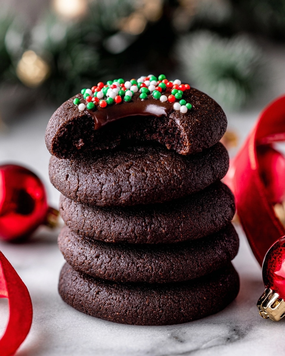 Chocolate Thumbprint Cookies with Ganache Recipe 5 The image shows a group of round chocolate cookies arranged closely on a white wooden board. Each cookie has a thick dark brown base with a shiny, smooth layer of dark chocolate filling in the center. On top of the chocolate filling, there are small round sprinkles in red, green, white, and blue colors scattered evenly. Around the board, there is a small white plate with more cookies and a flower-shaped dish filled with the same colorful sprinkles. All items are placed on a wood surface with a red ribbon lying nearby. photo taken with an iphone --ar 4:5 --v 7