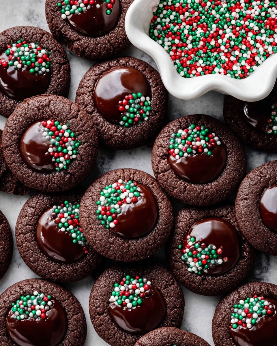 Chocolate Thumbprint Cookies with Ganache Recipe 6 A stack of five thick, dark chocolate cookies sits on a white marbled surface. Each cookie is soft with a smooth texture. The top cookie has a bite taken out, revealing a glossy, dark chocolate center topped with small round sprinkles in red, green, white, and orange colors. Around the stack, there are red Christmas ornaments and a red ribbon adding a festive vibe. The lighting highlights the rich color and texture of the cookies with a blurred festive background. photo taken with an iphone --ar 4:5 --v 7