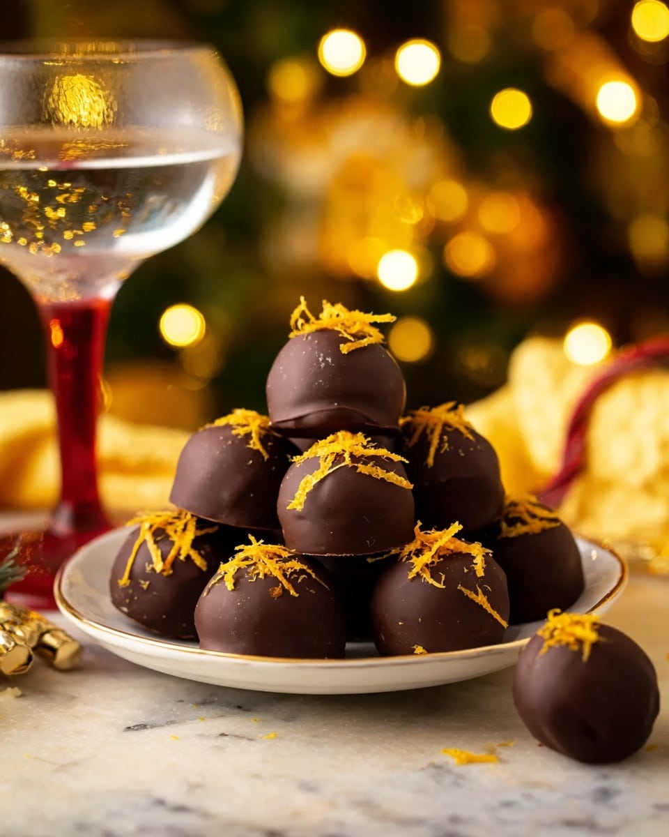 Chocolate Orange Truffles Recipe 6 A white plate holds a pyramid of round dark chocolate balls, each decorated with thin orange peel strips placed on top. The chocolate balls are smooth and shiny, stacked in three layers with a single chocolate ball resting on the white marbled surface near the plate. Behind the plate, there is a blurred background of warm yellow lights and Christmas decorations, adding a festive feeling. A clear glass with a red stem filled with water is positioned to the left side of the image. The photo taken with an iphone --ar 4:5 --v 7