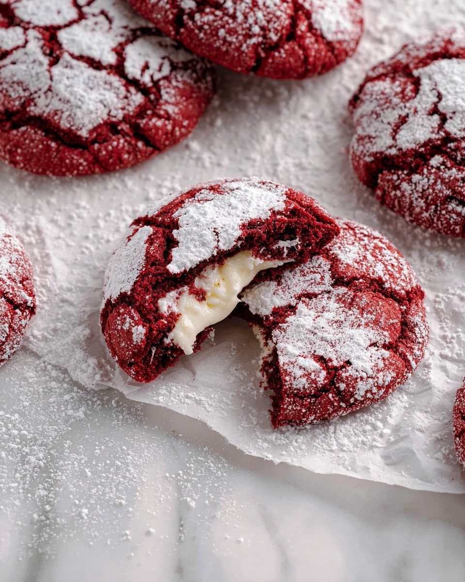 Cheesecake Stuffed Red Velvet Cookies Recipe 5 The image shows several deep red cookies with cracked tops, dusted heavily with white powdered sugar. One cookie is broken in half, revealing a creamy white filling inside. The cookies rest on a piece of white parchment placed on a white marbled surface, with powdered sugar lightly scattered around the edges. The cracked texture of the cookies contrasts with the smoothness of the creamy filling and the soft powdered sugar dusting. photo taken with an iphone --ar 4:5 --v 7