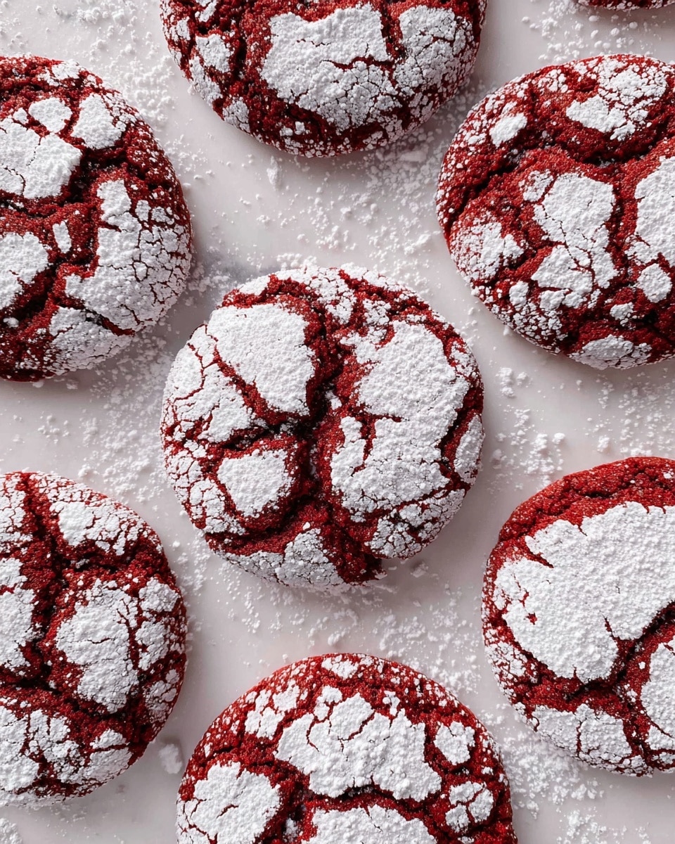 Cheesecake Stuffed Red Velvet Cookies Recipe 6 The image shows round red velvet cookies covered in a cracked layer of white powdered sugar on top. Each cookie has a deep red color with cracks revealing the soft texture beneath, and the powdered sugar sits unevenly on the surface and in the cracks, giving a textured look. The cookies are scattered on a white marbled surface dusted with a thin layer of powdered sugar, creating a snowy effect around them. photo taken with an iphone --ar 4:5 --v 7