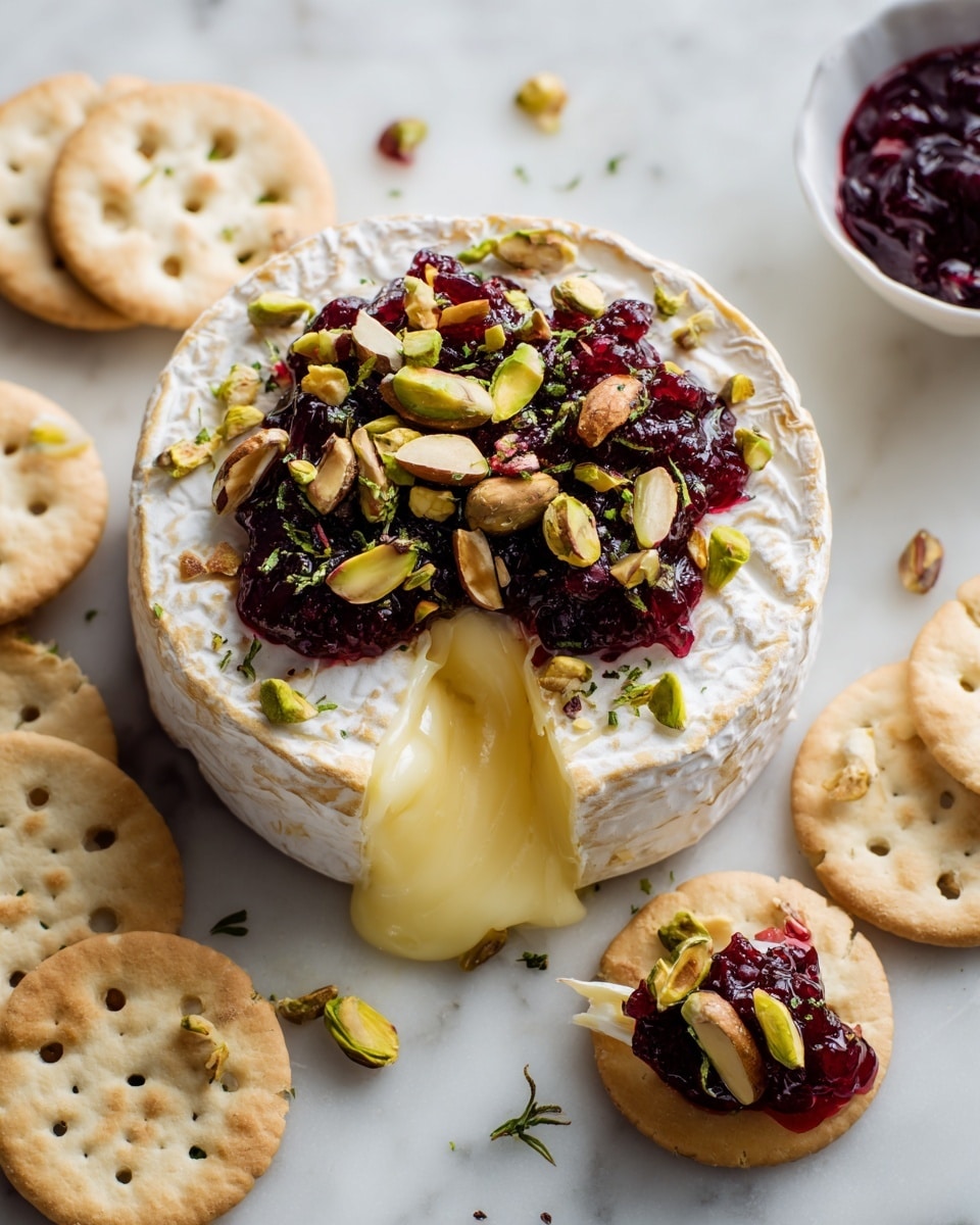 Baked Brie with Cranberry Sauce Recipe 5 A white round cheese wheel with a soft white rind is placed at the center on a white marbled surface. The cheese’s creamy yellow inside is oozing out from a bite taken on the lower side. On top of the cheese, there is a thick layer of dark red cranberry sauce spread unevenly, sprinkled with whole and chopped almonds with green pistachios and small green herb leaves scattered over. Surrounding the cheese are light beige round crackers with small holes and a slightly browned toasted texture. One cracker in the lower right corner holds a small piece of cheese topped with cranberry sauce and an almond. A small white bowl with more dark red cranberry sauce is placed at the top right edge of the image. Photo taken with an iphone --ar 4:5 --v 7