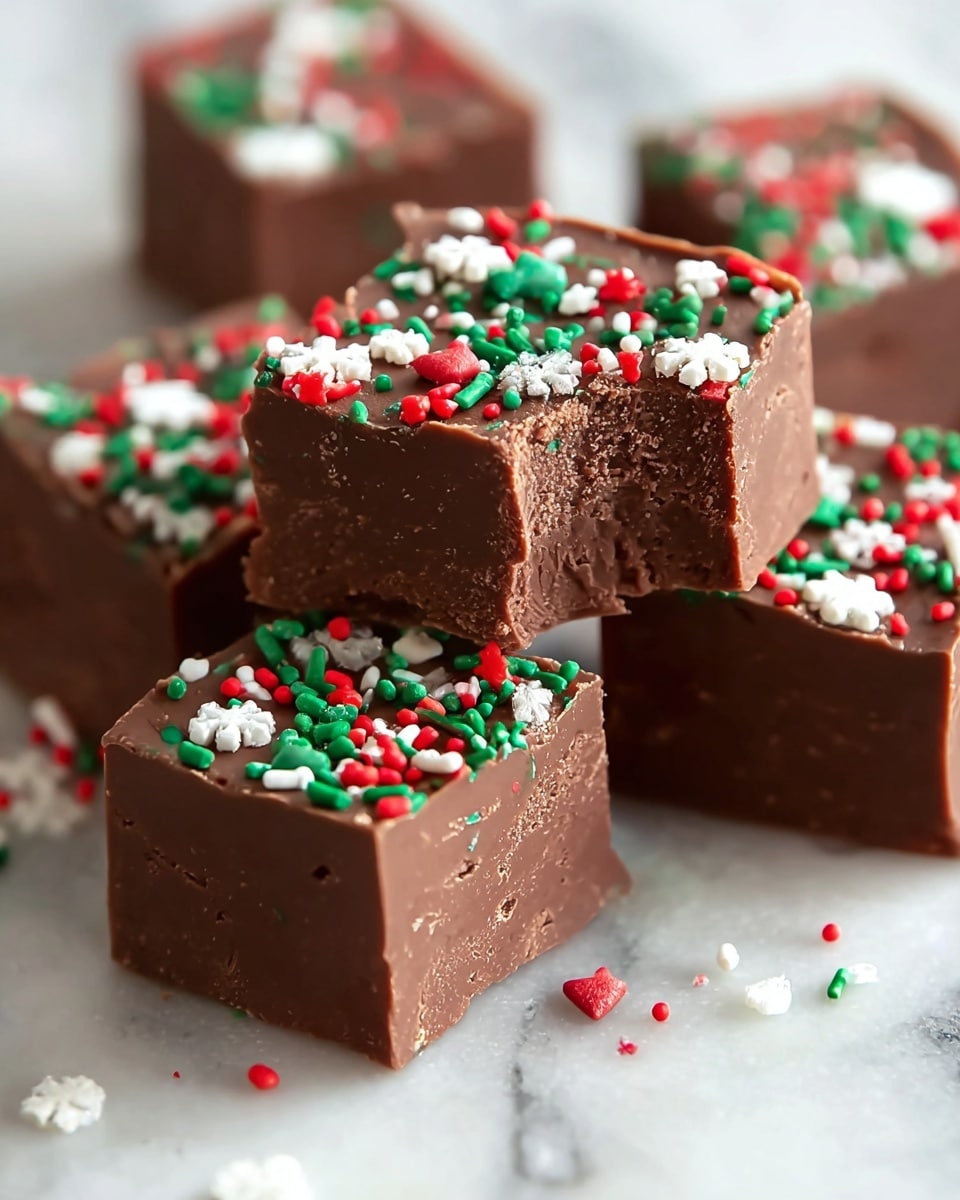 Festive Christmas Chocolate Fudge Recipe 5 The image shows several thick square pieces of chocolate fudge with a smooth yet slightly textured surface. Each square is decorated on top with small colorful sprinkles in red, green, white, and a few in the shape of white snowflakes, scattered unevenly. One square is placed on top of another, with a visible bite taken from the top piece, revealing a dense and rich inner texture. The fudge pieces are arranged on a white marbled surface, with some sprinkles lightly spread around them. The photo is taken close-up, showing clear details of the fudge's rich brown color and festive decorations. photo taken with an iphone --ar 4:5 --v 7
