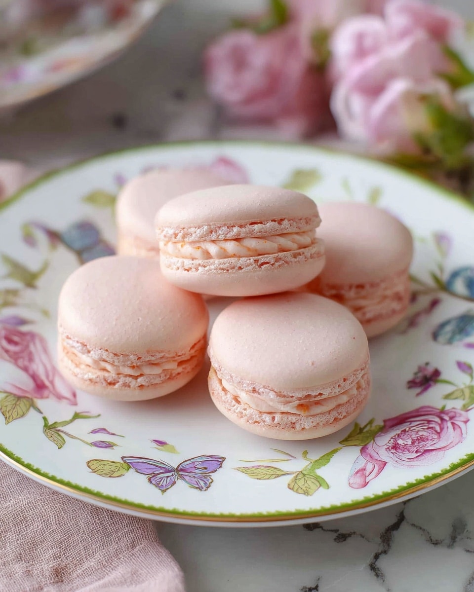 French Almond Macarons with Buttercream Filling Recipe 5 Four pale pink macarons sit on a white plate with colorful floral and butterfly designs around the edges and a thin green and gold border. Each macaron has two smooth, round shells with a soft, creamy pink filling visible in the middle layer. The surface beneath the plate is a white marbled texture, with blurred pink flowers and fabric visible in the background. Photo taken with an iphone --ar 4:5 --v 7