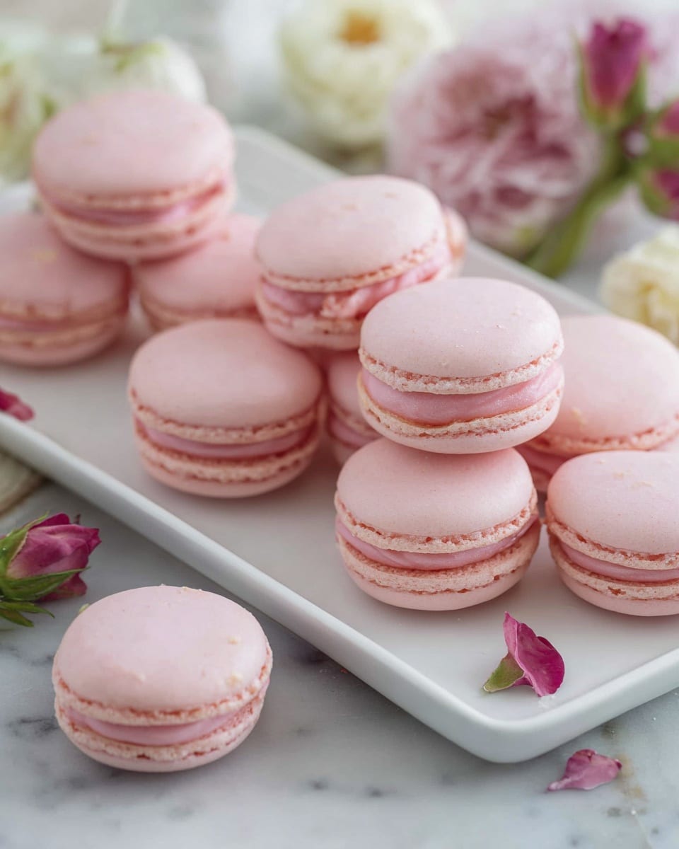 French Almond Macarons with Buttercream Filling Recipe 6 A white rectangular plate holds about thirteen pink macarons. Each macaron has two smooth, round pale pink shells sandwiched with a slightly darker pink creamy filling. The shells have a delicate, slightly textured edge near the filling. One macaron sits alone on the white marbled surface in front of the plate. Around the plate, there are soft pink and white flowers, some in full bloom and some buds, adding a fresh and gentle touch to the setting. The lighting is soft and natural, highlighting the smoothness and pastel colors of the macarons photo taken with an iphone --ar 4:5 --v 7
