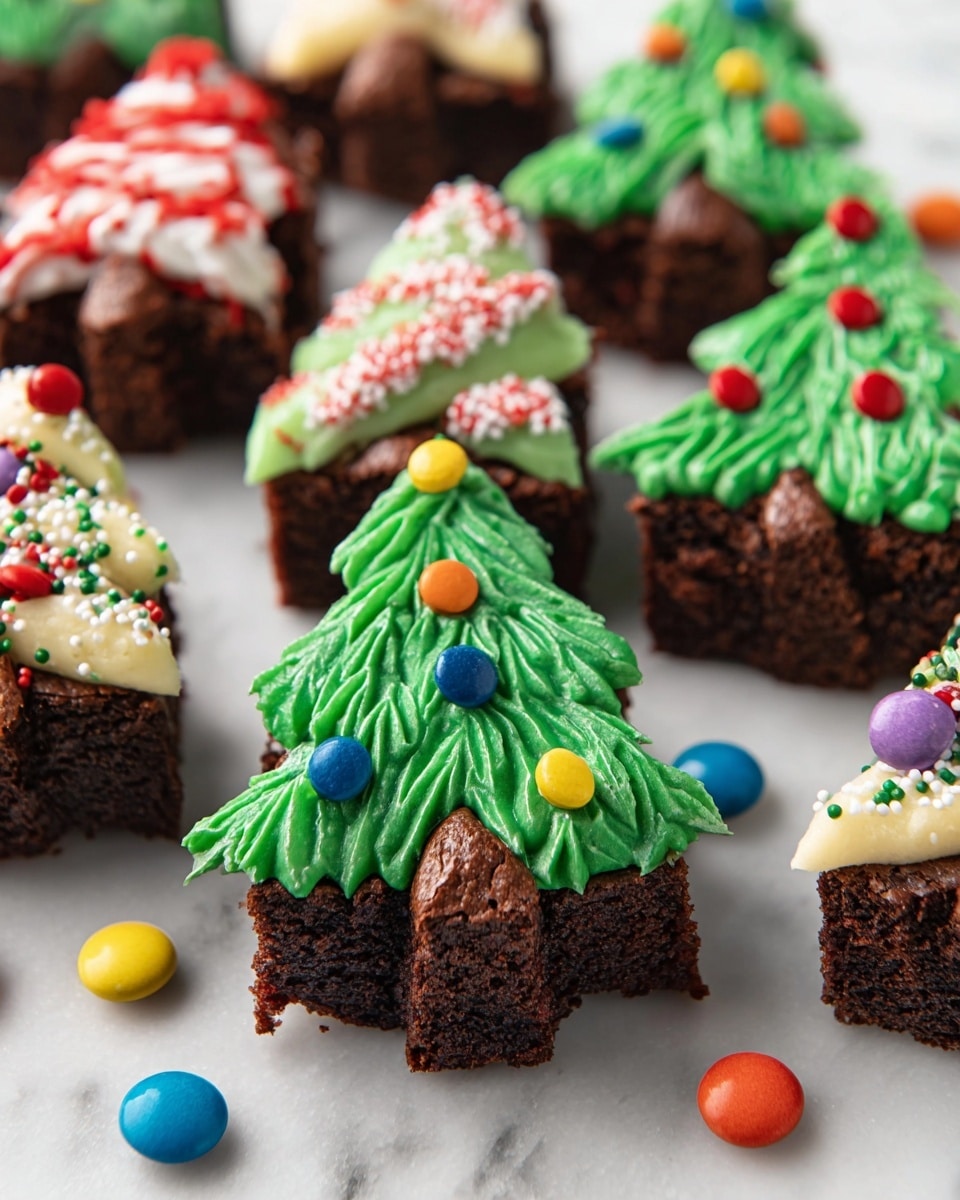Festive Christmas Brownie Cookies Recipe 5 The image shows Christmas tree shaped brownies on a white marbled surface. Each brownie has three layers: the dark brown base is moist and textured, the second layer is bright green frosting shaped like tree branches with a rough, leafy texture, and the top layer is small round candy decorations in colors like red, blue, yellow, purple, and orange scattered across the frosting. Surrounding the brownies are colorful round candies matching the ones on the frosting. In the background, some brownies have white frosting in zigzag patterns with red, green, and white holiday-themed sprinkles, all on the same dark brown base. photo taken with an iphone --ar 4:5 --v 7