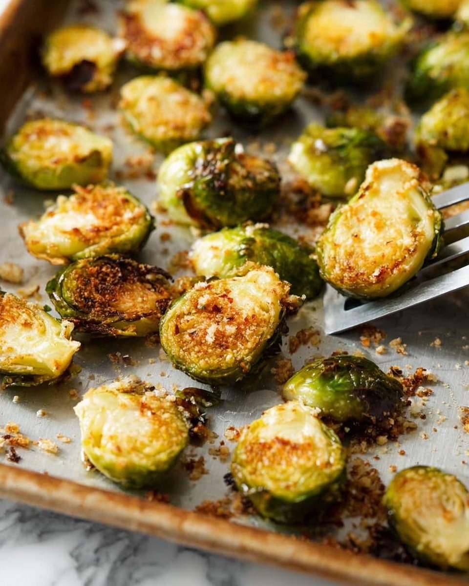 Crispy Parmesan Garlic Roasted Brussels Sprouts Recipe 5 The image shows many roasted Brussels sprouts, each cut in half, placed on a metal baking tray. Each piece has a golden brown, crispy top layer with hints of caramelized texture, while the inner layers are light green with a soft, cooked look. Some Brussels sprouts still have darker green outer leaves, adding variety to their color. The tray has small scattered crumbs and bits of roasted texture around the sprouts. A metal spatula is partially visible under the vegetables, lifting some of the Brussels sprouts. The setting is on a white marbled surface. photo taken with an iphone --ar 4:5 --v 7