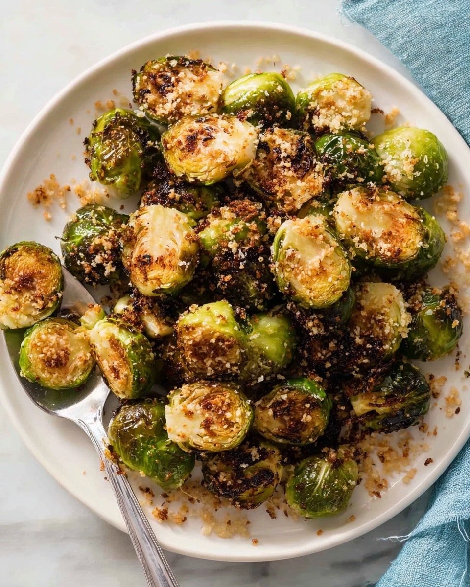 Crispy Parmesan Garlic Roasted Brussels Sprouts Recipe 6 A white plate filled with around 30 small roasted Brussels sprouts, some cut in half showing light green inside and others whole with dark brown roasted spots. The sprouts have a crispy texture with light golden crumbs sprinkled unevenly on top. On the left side, a silver spoon holds three Brussels sprouts, one of them cut in half. The plate sits on a white marbled surface with a soft blue cloth partially visible in the top right corner. photo taken with an iphone --ar 4:5 --v 7