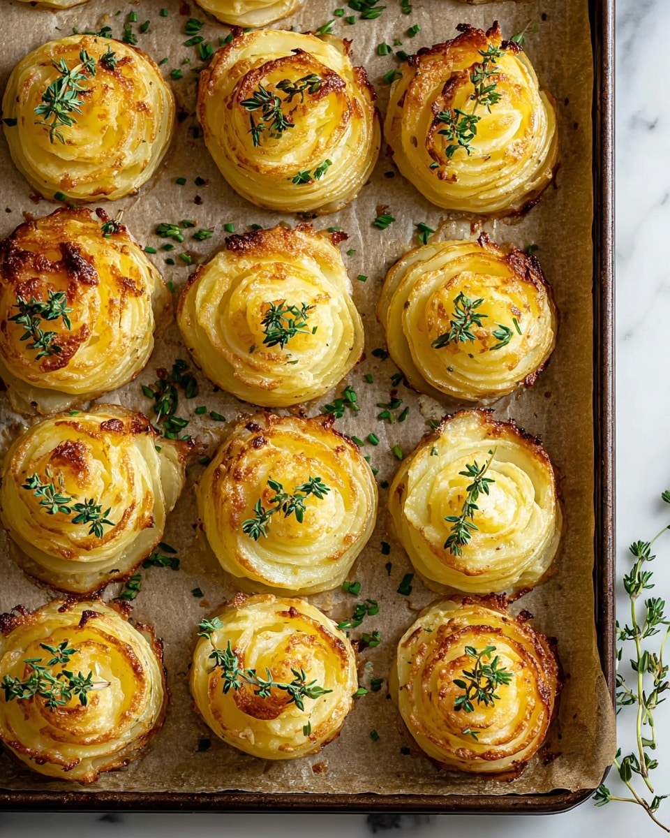 The image shows twelve golden brown potato swirls arranged on a baking tray lined with parchment paper, each swirl made of multiple thinly layered rings of mashed potatoes that are browned at the edges, giving a crispy texture. Each swirl is topped with a small green herb sprig, likely thyme, adding a fresh contrast to the warm yellow and brown tones of the potatoes. The tray rests on a white marbled surface, and small bits of chopped green herbs are scattered around the potato swirls, enhancing the overall freshness and color balance. Photo taken with an iphone --ar 4:5 --v 7
