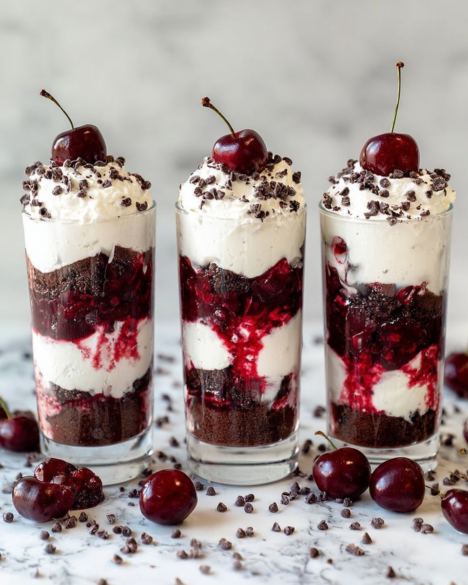 Three clear tall glasses are filled with layered dessert standing side by side on a white marbled surface scattered with dark red cherries and tiny dark chocolate chips. Each glass has three main layers: at the bottom, a dark brown cake-like layer, then a bright red cherry sauce with whole cherries visible, followed by a fluffy white cream layer. This pattern repeats once more, topped with a thick layer of white cream decorated with dark chocolate chips, and a single dark red cherry with stem placed on top. Photo taken with an iphone --ar 4:5 --v 7