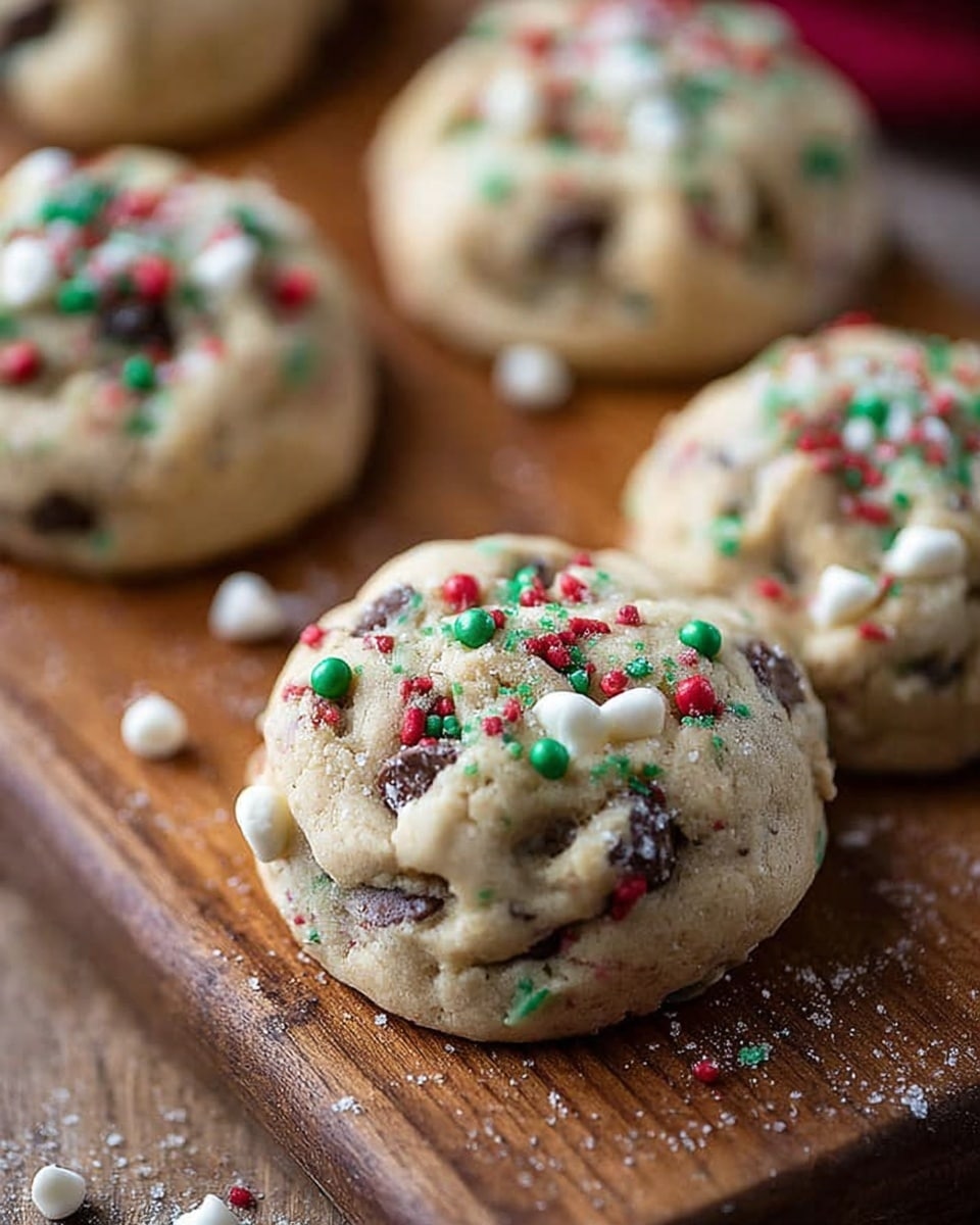 The image shows small, round cookie dough balls placed on a wooden board. Each dough ball has a light beige color with small red and green sprinkles and visible dark chocolate chips mixed inside. The dough has a soft, slightly sticky texture. One cookie dough ball is cut in half, showing a cross-section with chocolate chips inside. The background has a white marbled texture. The focus is on the cookie dough balls with a soft blur in the background. Photo taken with an iphone --ar 4:5 --v 7