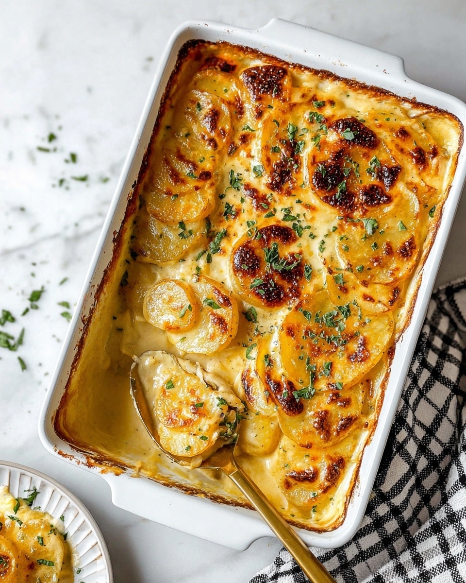 Creamy Cheesy Au Gratin Potatoes Recipe 5 A white rectangular baking dish filled with a layered potato gratin with golden browned cheese on top, dotted with dark brown baked spots and fresh chopped green herbs. The dish shows at least three visible layers of sliced round potatoes with creamy yellow cheese sauce surrounding them. A gold spoon is scooping out some gratin from the bottom left corner, revealing more layers of tender potatoes covered in melted cheese. The dish sits on a white marbled surface with a black and white checkered cloth partially visible on the right side, and some green herb sprinkles scattered around. A plate with a serving of the gratin is partially visible in the lower left corner. Photo taken with an iphone --ar 4:5 --v 7