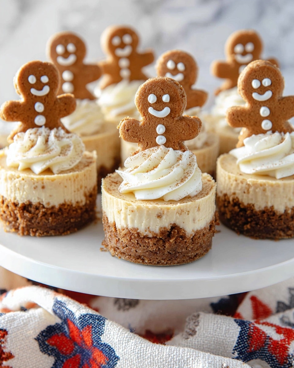 Mini Gingerbread Cheesecake Bites Recipe 6 A close-up view of a single cheesecake cupcake with three layers: the bottom layer is a dark brown, crumbly crust; the middle layer is a smooth, light beige cheesecake base; and the top layer is a swirl of white, fluffy whipped cream sprinkled lightly with golden brown crumbs. A small gingerbread cookie shaped like a person with white icing details, including eyes, buttons, and a smiling mouth, is placed standing upright in the whipped cream. In the blurry background, seven more cupcakes with similar decoration and gingerbread cookies can be seen on a white cake stand, all set on a white marbled surface with scattered crumbs and extra gingerbread cookies. photo taken with an iphone --ar 4:5 --v 7
