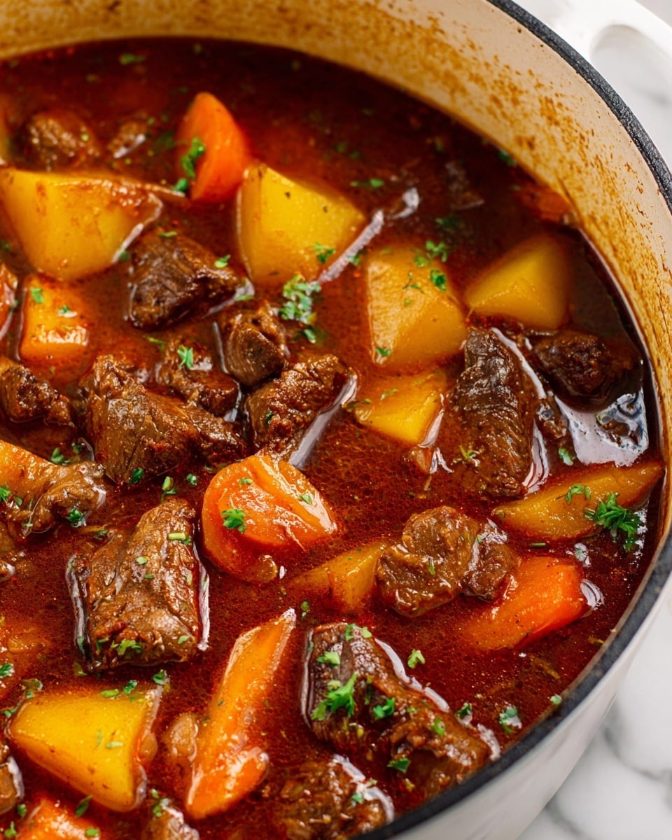 A white pot filled with dark brown stew that has visible chunks of tender beef, light yellow potatoes, and bright orange carrot slices in a thick, rich sauce. A wooden ladle is lifting a portion of the stew, showing cubes of beef on top, with potato and carrot pieces underneath, and some sauce dripping back into the pot. The pot sits on a woven mat with a rosemary sprig nearby and a white marbled surface underneath. In the background, there are blurred white containers and slices of toasted bread. Photo taken with an iphone --ar 4:5 --v 7