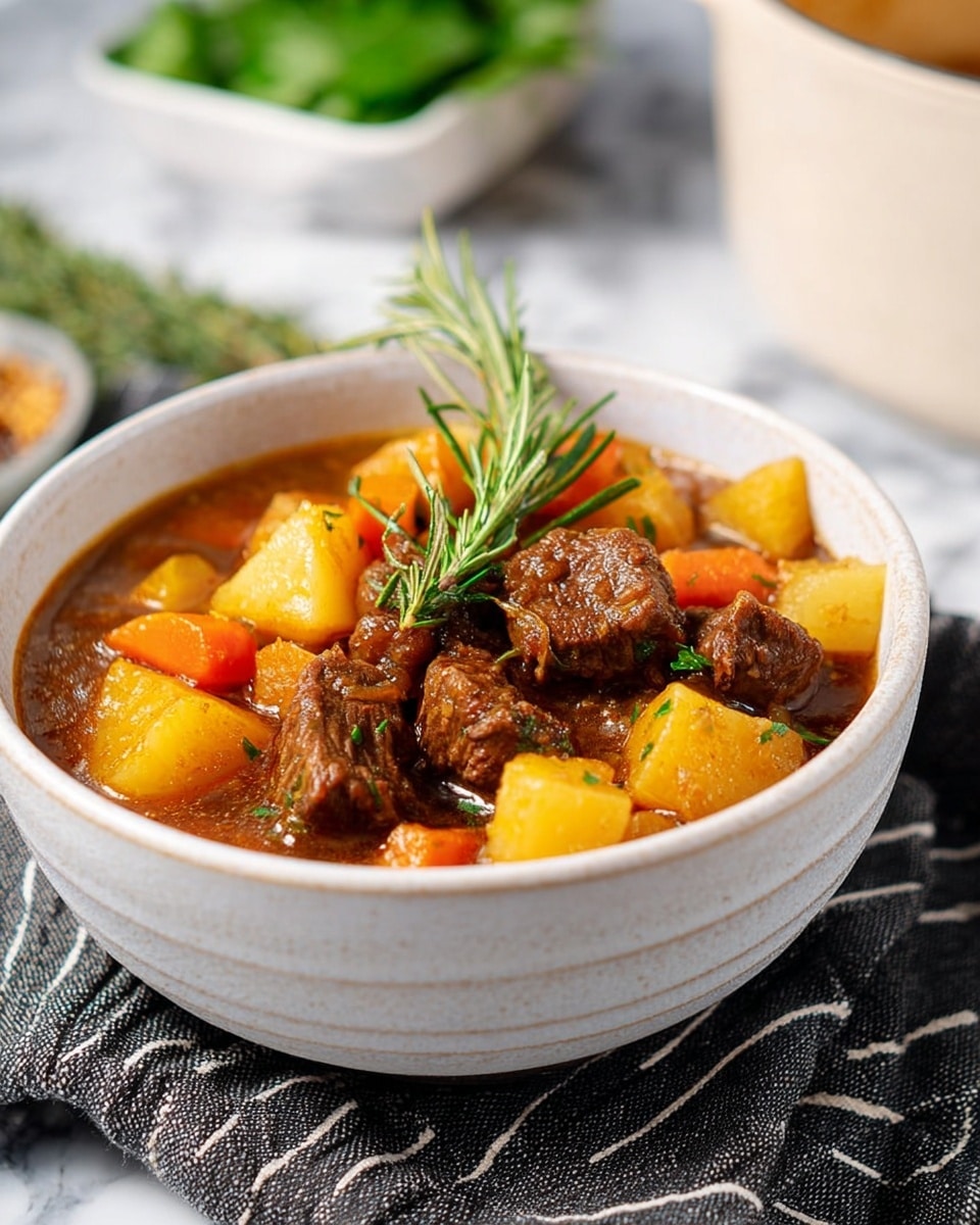 A white bowl filled with a stew that has three visible layers: dark brown chunks of beef sitting in a rich, brown broth on the bottom layer, covered by a middle layer of yellow potato cubes and orange carrot pieces, and a garnish of bright green rosemary on top leaning to the side. The bowl rests on a dark gray cloth with thin, light stripes on a white marbled surface. In the background, there is a white dish with fresh green herbs and a blurry white pot. Photo taken with an iphone --ar 4:5 --v 7