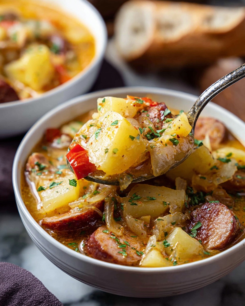 A close-up of a bowl filled with creamy stew featuring chunky yellow potatoes and slices of brown sausage, mixed with bits of red bell pepper and sprinkled green herbs on top. A ladle lifting a scoop of the stew shows the thick, slightly shiny texture, with visible layers of soft potatoes and browned sausage nestled in the sauce. The bowl is white, sitting on a white marbled surface with faint reflections. The background has a blurred second bowl of the same stew and a piece of bread. photo taken with an iphone --ar 4:5 --v 7