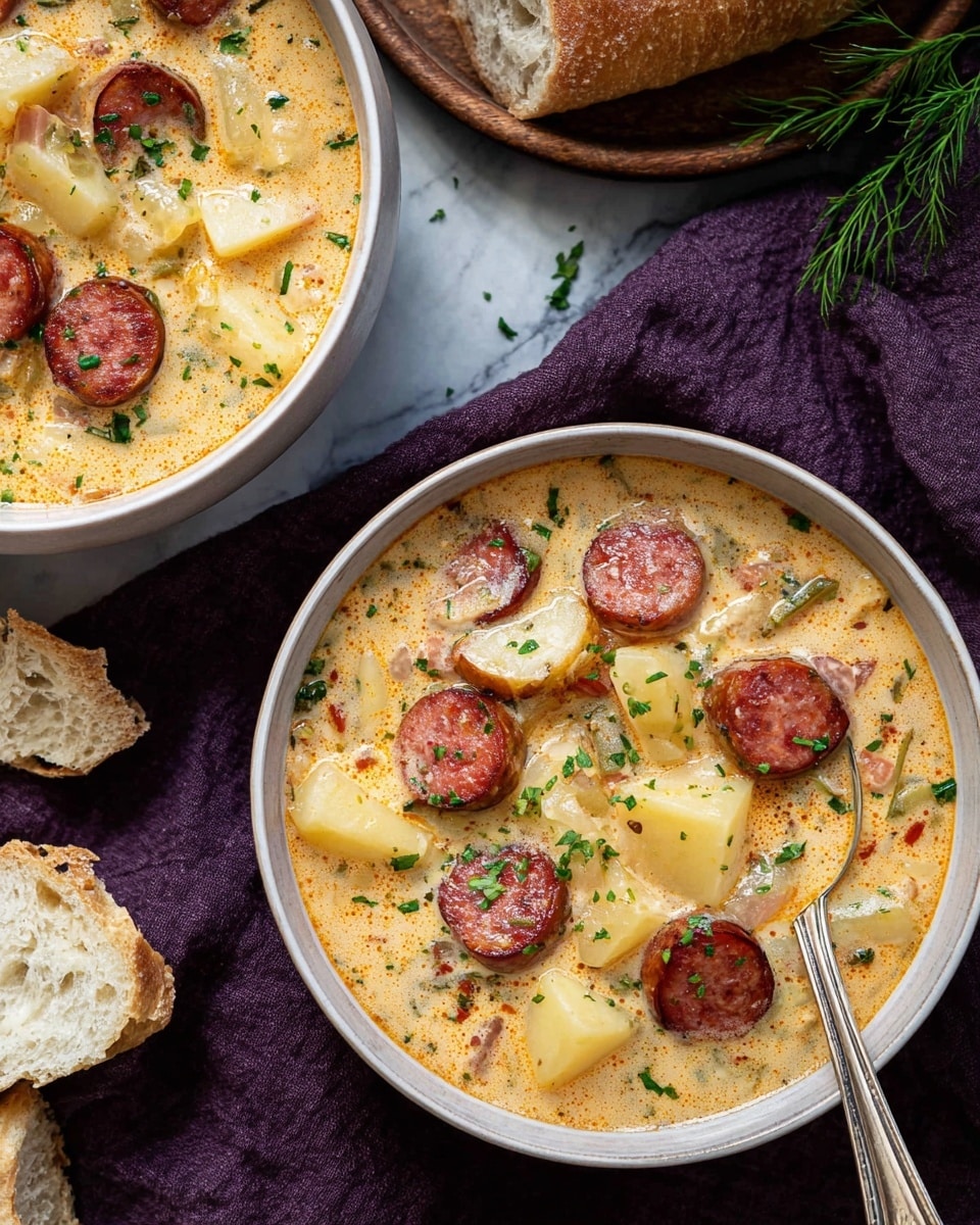 Two white bowls filled with a creamy soup showing three main layers: a light orange broth full of small bubbles, large chunks of pale yellow potatoes scattered throughout, and several slices of browned sausage with a reddish outer edge evenly placed on top. Green chopped herbs are sprinkled on the surface giving small dots of green color. A silver spoon rests inside the bottom bowl on a dark purple cloth, and to the side, torn pieces of crusty golden bread are visible. The background is a white marbled texture with a few green herb sprigs casually placed. Photo taken with an iphone --ar 4:5 --v 7
