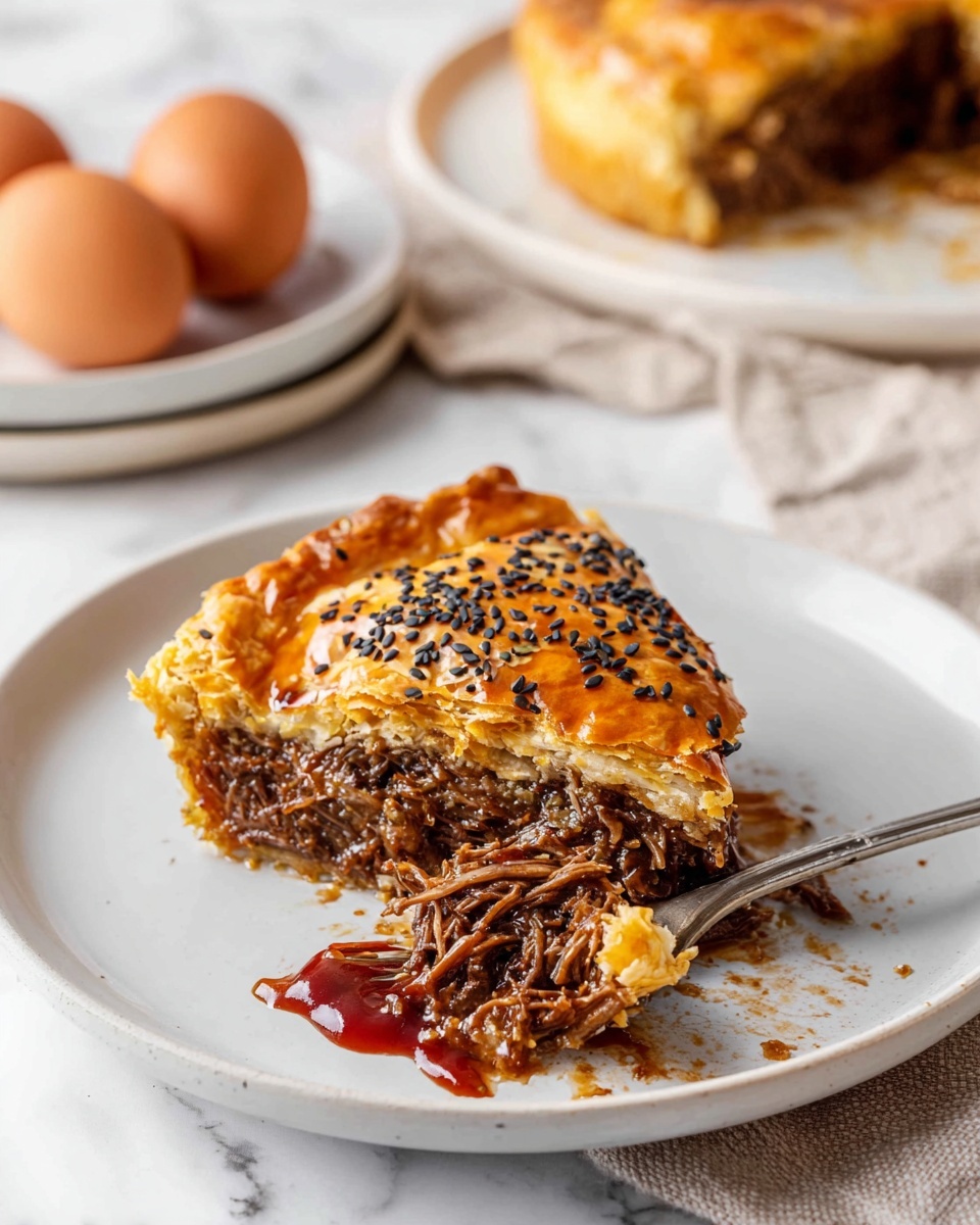 A slice of dark brown shredded meat pie with a golden brown, flaky crust on top sprinkled with black sesame seeds, sits on a white plate. The pie has a thick layer of rich meat filling under the crust, with glossy reddish sauce spread over the top. Next to the pie slice is a fork holding a bite of the same meat. In the background, there is a white plate with more pie on a white marbled surface, along with two brown eggs on a beige cloth. Photo taken with an iphone --ar 4:5 --v 7