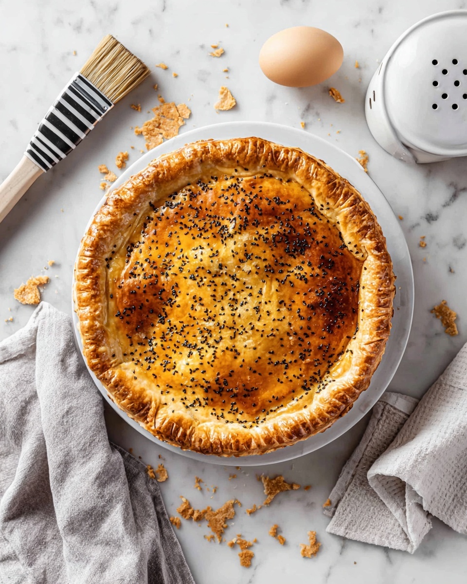 A round, golden-brown pie with a shiny top crust and small black seeds sprinkled evenly over the surface rests on a white plate in the center of the image. The pie's edges are crimped, creating a textured border around the pie. The plate is placed on a white marbled surface scattered with small pieces of crust crumbs. Surrounding the pie are a beige egg, a striped brush with a black handle, a white container with holes on top, and light gray towels. The scene is well-lit and clean, showing a fresh, warm baked pie. photo taken with an iphone --ar 4:5 --v 7