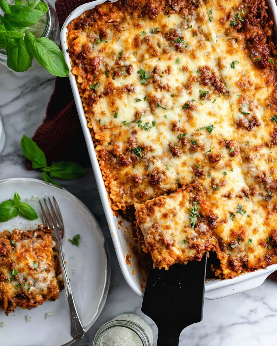 A large white rectangular baking dish filled with a baked pasta casserole that has four visible layers; the top layer is golden melted cheese with browned spots and sprinkled with small green herb pieces, below it is a layer of chunky meat mixed with tomato sauce, followed by a layer of pasta noodles with a reddish tint, and another layer of meat sauce at the bottom. One square piece is being lifted out with a black spatula, showing the separated layers clearly. To the side on a white marbled surface, there is a white plate holding a serving of the casserole topped with melted cheese and a silver fork resting next to it. Fresh green basil leaves and a jar with a spoon are in the background. Photo taken with an iphone --ar 4:5 --v 7