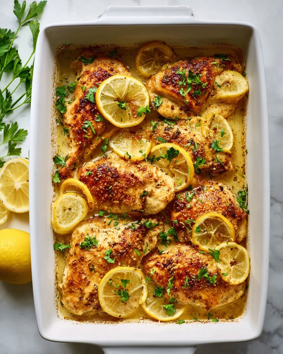 A white rectangular baking dish holds several golden-brown cooked chicken pieces arranged in two overlapping rows. Between and on top of the chicken are bright yellow lemon slices, some partly cooked with softened edges. Small green parsley leaves are scattered over the dish, adding a fresh touch. The chicken has a slightly crispy texture with some darker browned spots, and the dish catches a bit of glossy lemon juice. Around the dish is a white marbled surface with some lemon slices and parsley as decoration. Photo taken with an iphone --ar 4:5 --v 7