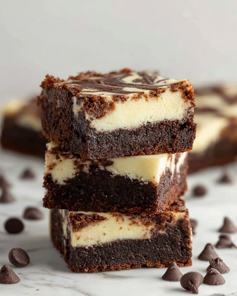 Cream Cheese Brownie Swirl Recipe 6 The image shows two stacked brownie squares with three distinct layers. The bottom layer is dark brown and dense, looking fudgy and thick. The middle layer is creamy white, smooth and even, contrasting with the dark layers. The top layer is dark brown again with swirls of the creamy white layer mixed in, giving a marbled effect. Around the brownies, there are scattered dark brown chocolate chips on a white marbled surface. The photo is taken with an iphone --ar 4:5 --v 7