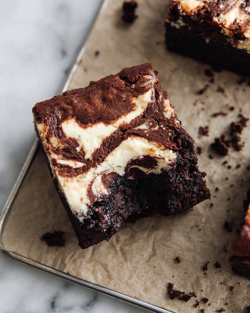 Marshmallow Brownie Bars Recipe 5 The image shows several square pieces of brownies with two visible layers. The bottom layer is dark brown, rich, and dense with a moist texture. The top layer is thick, creamy, and light beige with swirled dark brown chocolate patterns creating a marbled effect. The pieces are closely placed together, showing the contrast between the smooth, swirling top and the textured brownie base. The background is a white marbled surface. photo taken with an iphone --ar 4:5 --v 7