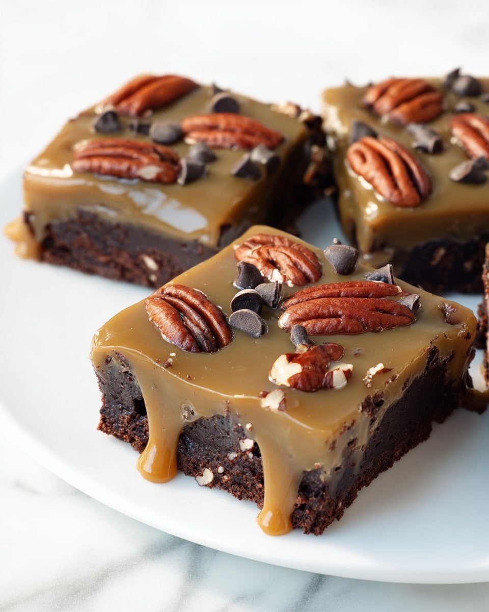 Caramel Pecan Turtle Brownies Recipe 5 The image shows square brownies with two visible layers on a white plate placed on a white marbled surface. The bottom layer is dark brown, appearing soft and dense with a slightly crumbly texture. The top layer consists of a shiny light brown caramel-like sauce drizzled over the brownies. Scattered on top of the caramel layer are glossy dark chocolate chips and golden-brown pecan halves that add texture and color contrast. One brownie piece has a bite taken out of the corner, showing the thickness of the bottom layer. Photo taken with an iphone --ar 4:5 --v 7