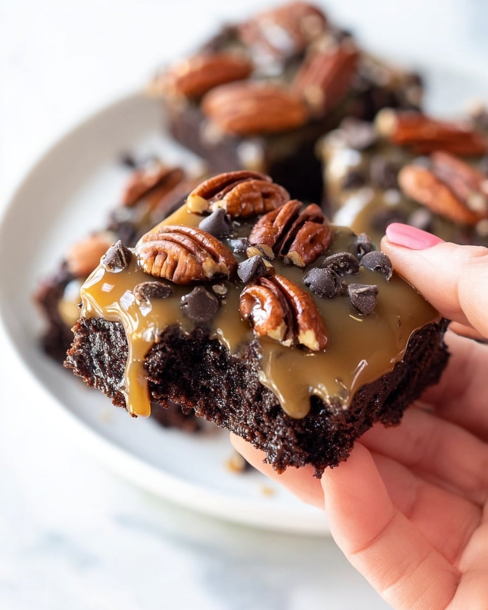 Caramel Pecan Turtle Brownies Recipe 6 A close-up of a square brownie held by a woman's hand, showing three layers: the bottom layer is dark and rich with a moist texture, the middle layer is shiny caramel sauce dripping slightly down the sides, and the top layer is decorated with whole pecans and dark chocolate chips scattered across the caramel surface. The brownie has a bite taken out of one corner. The background is a white marbled textured surface with more brownies on a white plate under it. Photo taken with an iphone --ar 4:5 --v 7