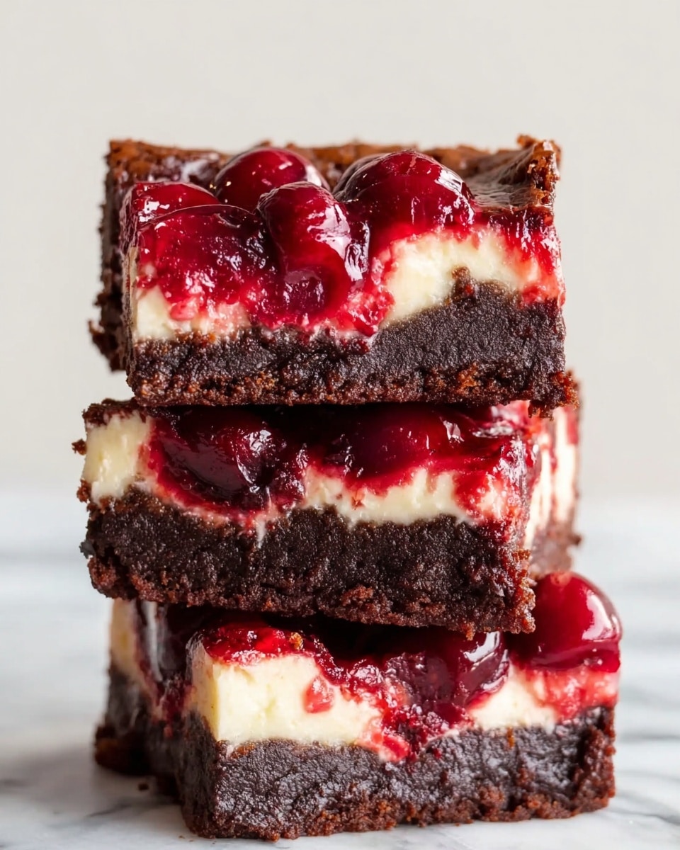 Cherry Cheesecake Brownies Recipe 5 This image shows several square dessert bars laid out on parchment paper on a white marbled surface. Each bar has three main layers: a dark brown chocolate brownie base, a creamy off-white cheesecake layer swirled and mixed with bright red cherry topping, which is thick and shiny, appearing juicy with small cherry pieces inside. The layers blend together in a marbled pattern with irregular shapes and swirls of dark brown, white, and red spread across the top of each square, creating a visually rich texture. photo taken with an iphone --ar 4:5 --v 7