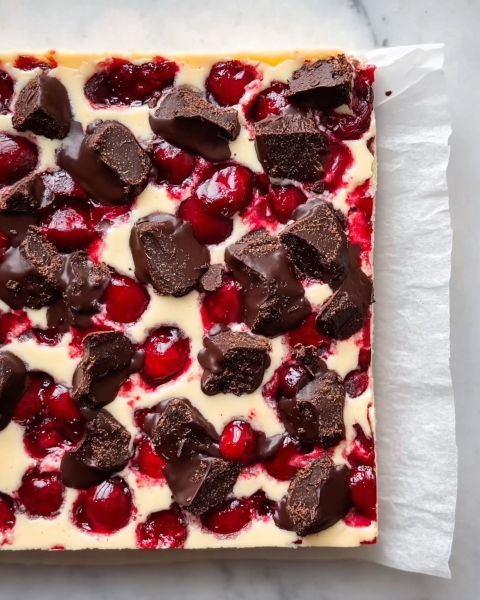 Cherry Cheesecake Brownies Recipe 6 A rectangular dessert bar with three visible layers sits on white parchment paper over a white marbled surface. The bottom layer is creamy and light beige. On top of this, there is a layer of bright red cherry filling, with whole cherries visible, spreading unevenly across the surface. Scattered in dark brown dollops of chocolate layer are resting on top, irregular in shape with a slightly rough texture. The edges are clean, and there is a natural mix of the three layers blending softly at their borders. Photo taken with an iphone --ar 4:5 --v 7