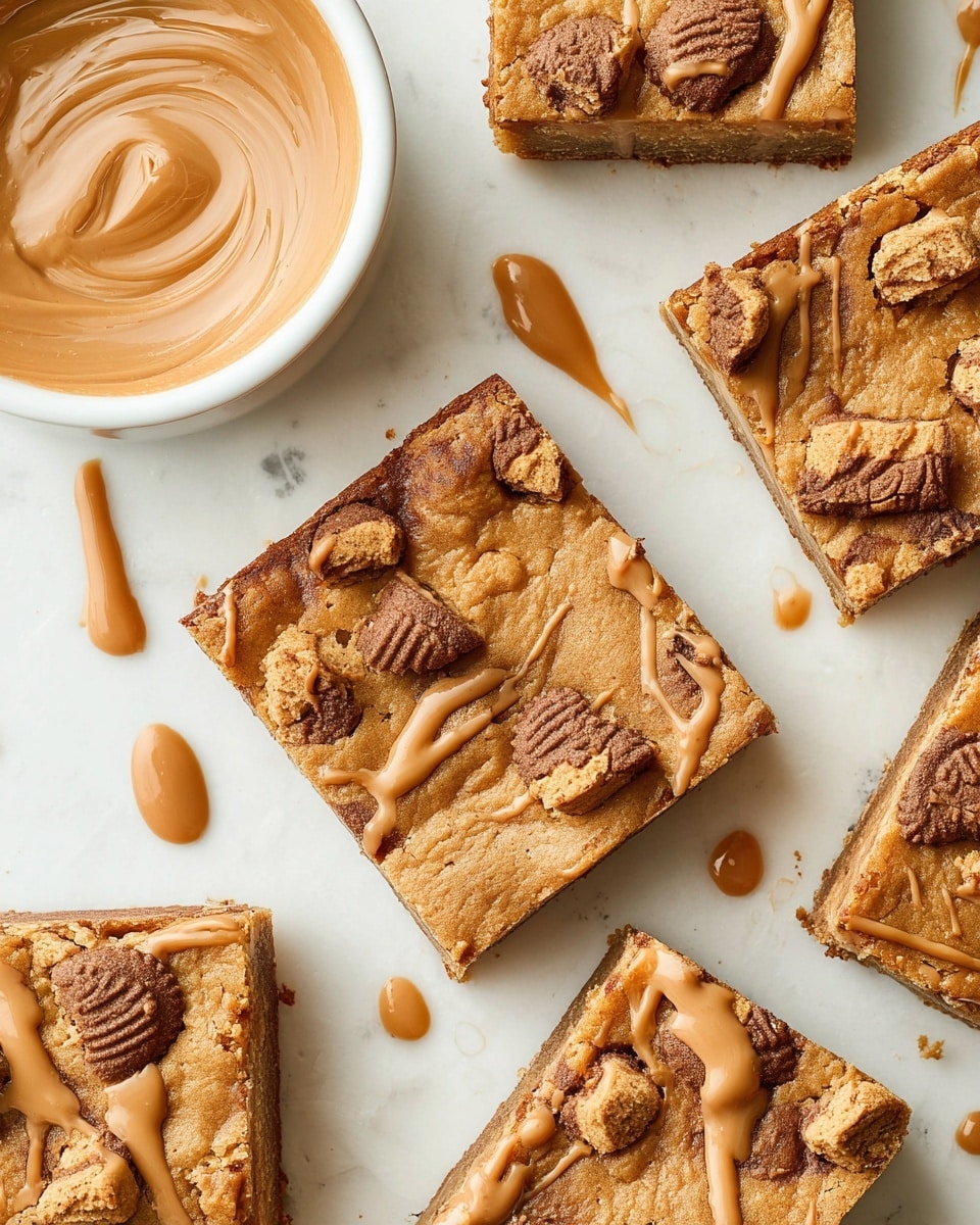 Biscoff Blondies with White Chocolate Recipe 5 The image shows several square cookie bars arranged on a white marbled textured surface. Each bar has a thick base layer of golden brown cookie dough with visible bits of crushed brown cookies embedded inside. The top of each bar is decorated with whole and crumbled brown cookies, adding texture and pattern. A smooth, light brown drizzle is spread unevenly over the top of the bars, creating thin lines and small pools of sauce. To the top left, there is a white bowl filled with the same light brown sauce, swirled to show a creamy texture. The overall look is warm and inviting, with soft shadows and a clean, bright setting. photo taken with an iphone --ar 4:5 --v 7
